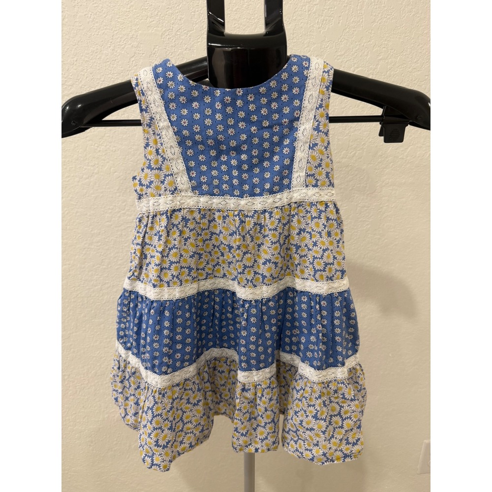 Mini Boden Girls Blue Yellow Daisy Floral Tiered Lace Trim Cotton Dress 3-4Y